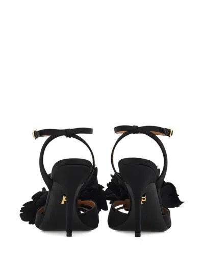 Ferragamo Black Satin Flower Sandals In Black
