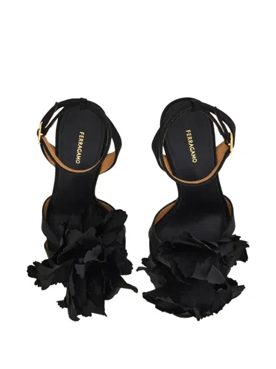 Ferragamo Black Satin Flower Sandals In Black