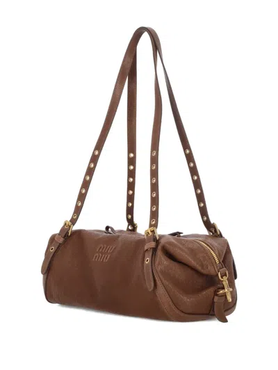 Miu Miu Nappa Leather Bag With Embossed Logo Lettering In Brown