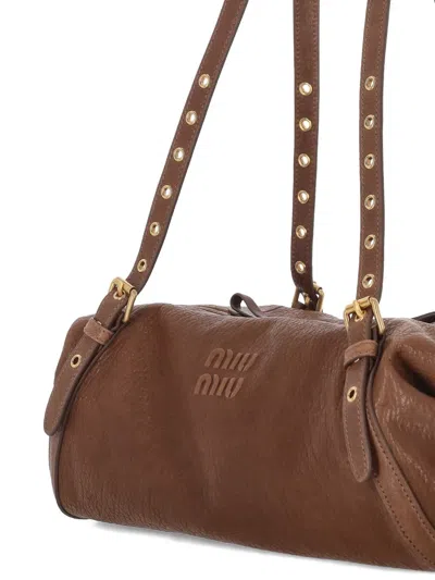 Miu Miu Nappa Leather Bag With Embossed Logo Lettering In Brown