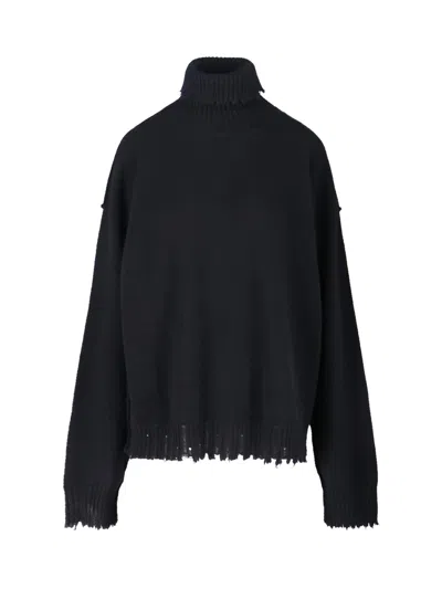 Uma Wang Knitwear Turtleneck Ribbed Distressed Hem Long Sleeves In Black