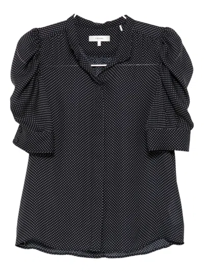 Frame The Gillian Ruched Polka-dot Silk-crepe Blouse In Blue