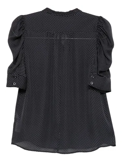 Frame The Gillian Ruched Polka-dot Silk-crepe Blouse In Blue