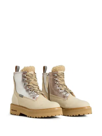 Woolrich Metallic-panel Lace-up Boots In Neutral