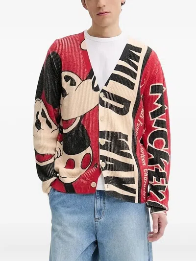 Desigual Mickey Mouse Ribbed Cardigan In Red