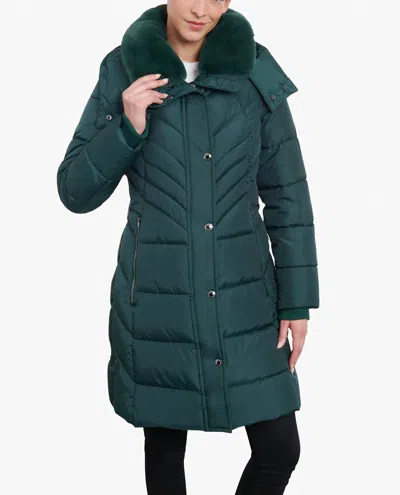 London Fog Zip-front Hooded Heavy Weight Puffer Jacket With Button-off Fur Collar In Green In Green
