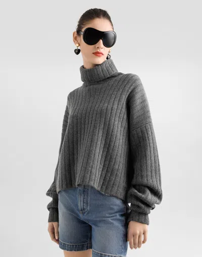 Dolce & Gabbana Cropped Ribbed Turtleneck Sweater Long Sleeves In Gray