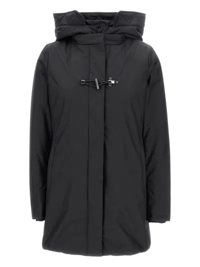 Fay Hooded Black Jacket With Quilted Detailing And Toggle Closure In Black