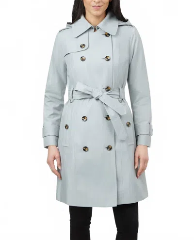 London Fog Double Breasted Hooded Trench Coat With Waist Belt In Cloud In Gray