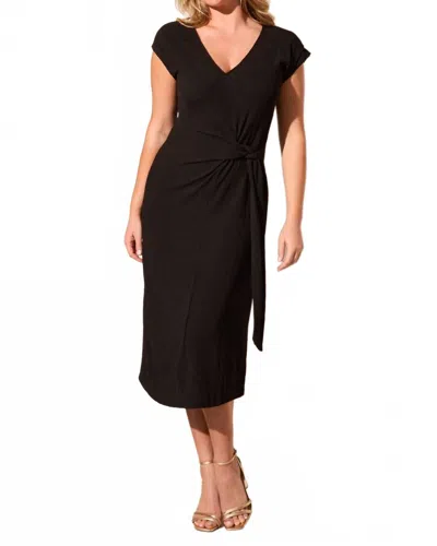 Tribal Textured Short-sleeve Midi Dress With Front Tie In Black In Multi