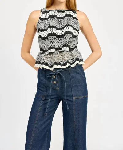 En Saison Genesis Stripe Open Stitch Sleeveless Peplum Tank Top In Black And White In Gray