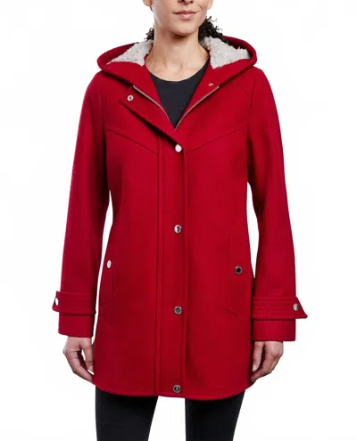 London Fog Zip-front Sherpa Lined Hood 31" Wool Jacket In Red In Red