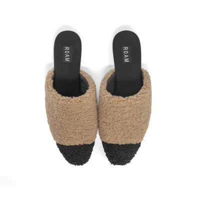 Roam Women's Fuzzy Cap Mule With Faux Shearling In Black & Tan In Multi