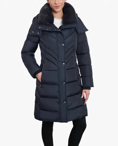 London Fog Zip-front Hooded Heavy Weight Puffer Jacket With Button-off Fur Collar In Navy In Blue