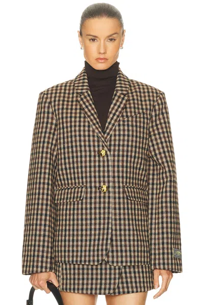 Ganni Check Wool Blend Oversized Blazer With Notched Lapels In Brown