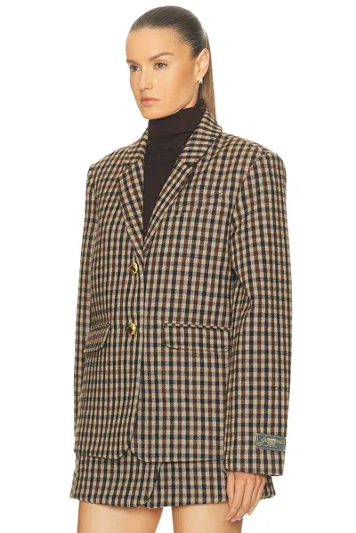 Ganni Check Wool Blend Oversized Blazer With Notched Lapels In Brown