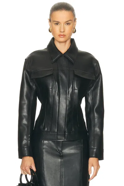 Norma Kamali Fitted Synthetic Leather Long Sleeve Jacket In Black
