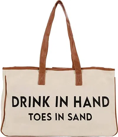 Funky Junque Large Cotton "drink In Hand Toes In Sand" Tote Bag In Beige In Sand