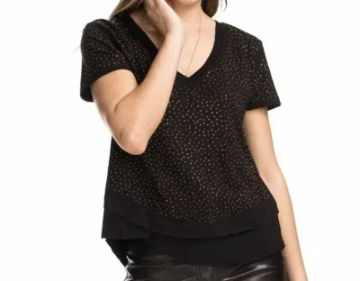 Chrldr All Over Studs- Mock Layer V-neck T-shirt In Black In Black