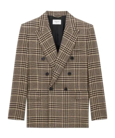 Saint Laurent Brown Double-breasted Jacket With Notched Revers And All-over Check Motif In Wool Woman