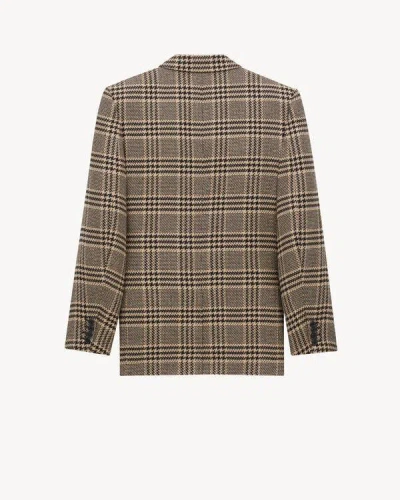 Saint Laurent Brown Double-breasted Jacket With Notched Revers And All-over Check Motif In Wool Woman