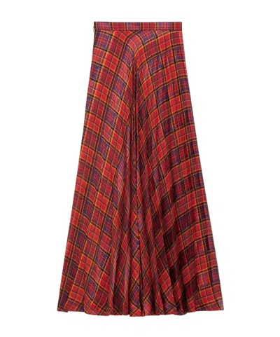 Saint Laurent Tartan Pleated Maxi Skirt In Silk In Red