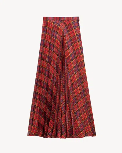 Saint Laurent Tartan Pleated Maxi Skirt In Silk In Red