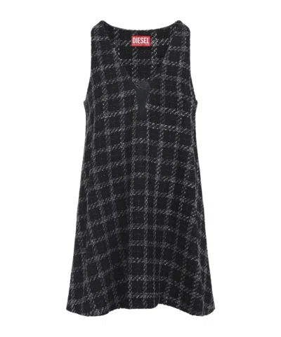 Diesel Mini Dress Checked Pattern Sleeveless V-neckline In Black
