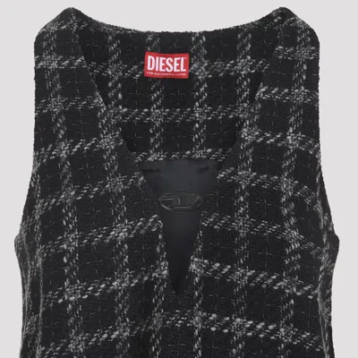 Diesel Mini Dress Checked Pattern Sleeveless V-neckline In Black