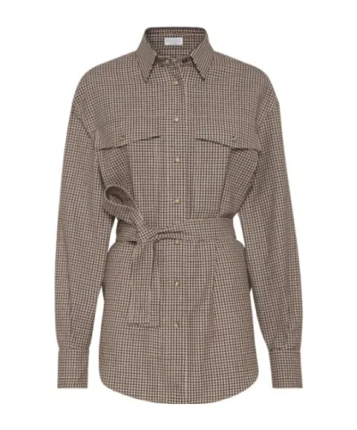 Brunello Cucinelli Check-pattern Shirt With Belt And Shiny Collar Detail In Brown