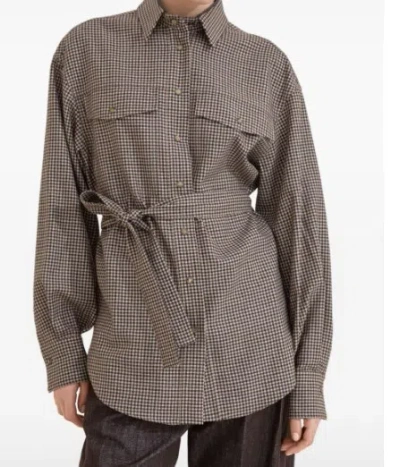 Brunello Cucinelli Check-pattern Shirt With Belt And Shiny Collar Detail In Brown