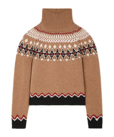 Alanui Patterned Camel Turtleneck Sweater With Geometric And Floral Motifs In Brown