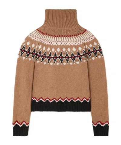 Alanui Patterned Camel Turtleneck Sweater With Geometric And Floral Motifs In Brown