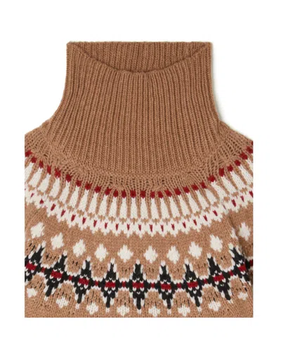 Alanui Patterned Camel Turtleneck Sweater With Geometric And Floral Motifs In Brown
