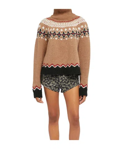 Alanui Patterned Camel Turtleneck Sweater With Geometric And Floral Motifs In Brown
