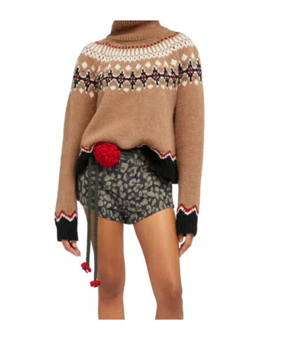 Alanui Patterned Camel Turtleneck Sweater With Geometric And Floral Motifs In Brown