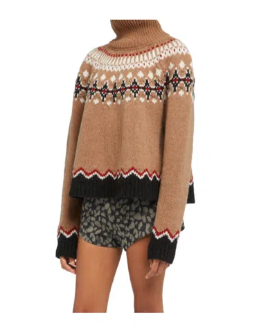 Alanui Patterned Camel Turtleneck Sweater With Geometric And Floral Motifs In Brown