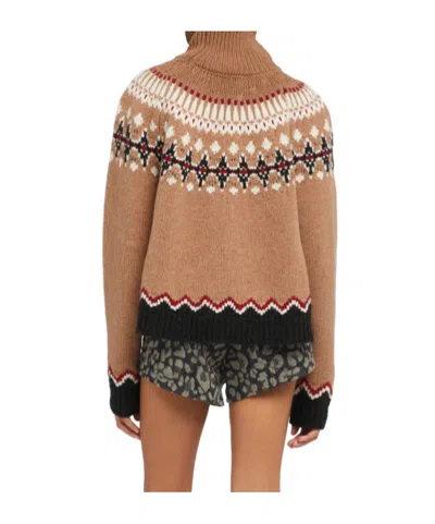 Alanui Patterned Camel Turtleneck Sweater With Geometric And Floral Motifs In Brown