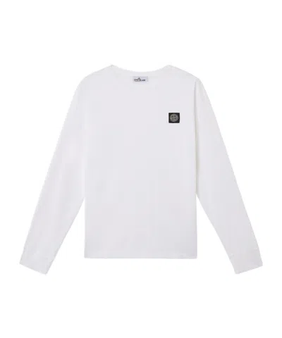Stone Island White Long-sleeve Crewneck T-shirt With Logo Patch On The Front In Cotton Man In White