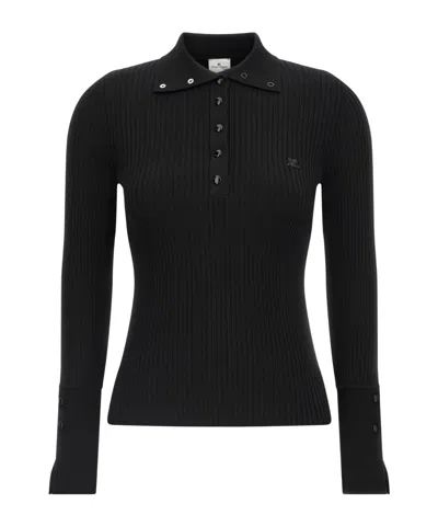 Courrèges Fitted Ribbed Long-sleeve Top With Unique Collar In Black