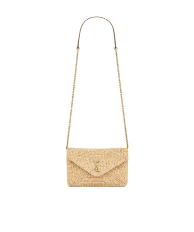 Saint Laurent Cassandre Chain Pouch In Raffia In Brown
