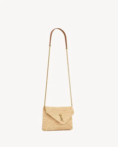 Saint Laurent Cassandre Chain Pouch In Raffia In Brown