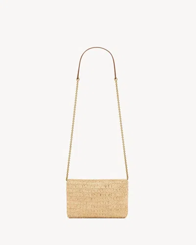 Saint Laurent Cassandre Chain Pouch In Raffia In Brown