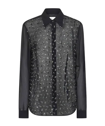 Dries Van Noten Women Blue Shirt With Pointed Collar And All-over Crystal Application In Viscose Wom In Black
