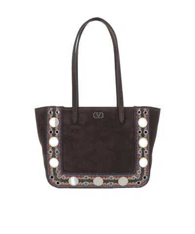 Valentino Studded Suede Double Handles Shoulder Bag In Brown