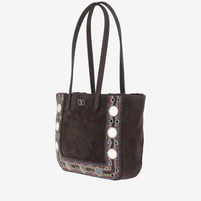 Valentino Studded Suede Double Handles Shoulder Bag In Brown