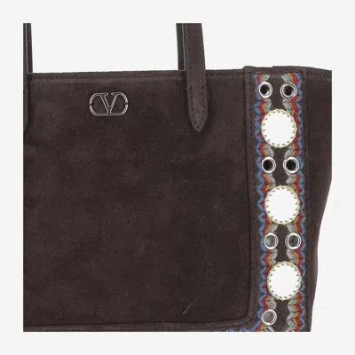 Valentino Studded Suede Double Handles Shoulder Bag In Brown