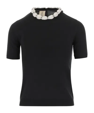 Valentino Embellished Neckline Fitted Short Sleeve Knitwear In Black