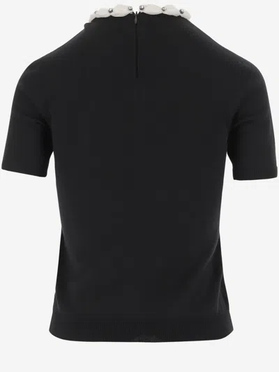 Valentino Embellished Neckline Fitted Short Sleeve Knitwear In Black