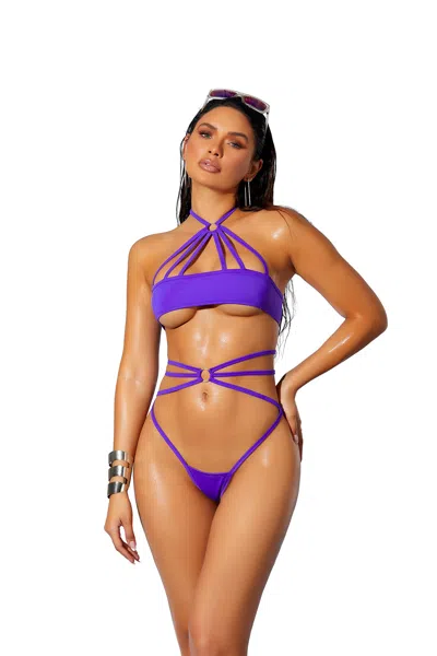 Elegant Moments Lycra Bikini Top And Matching High Waisted Bottom With Open Back- One Size- Purple In Blue